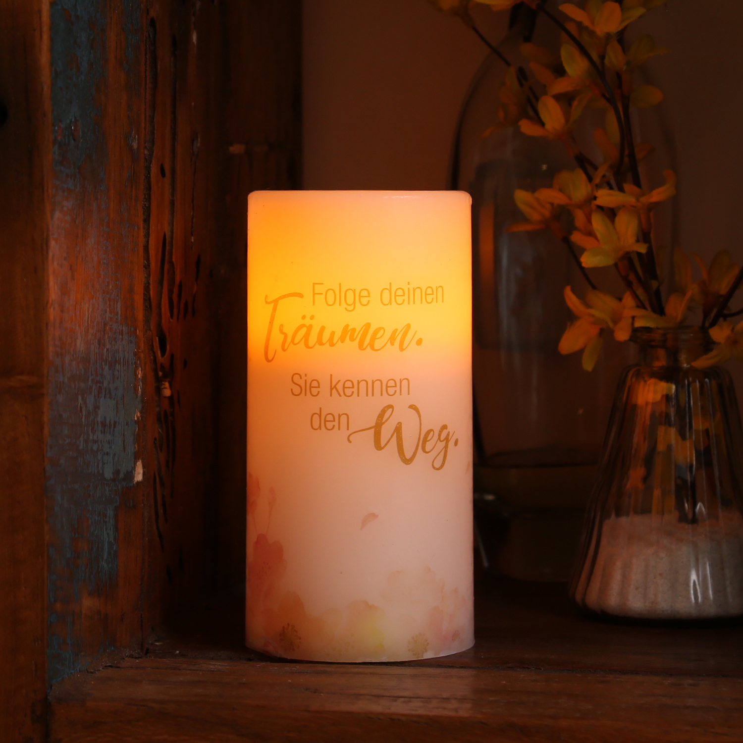 LED Kerze mit Blumenmotiv und Zitat - Echtwachs - orange flackernde LED - H: 15cm - D: 7,5cm - Innen von MARELIDA