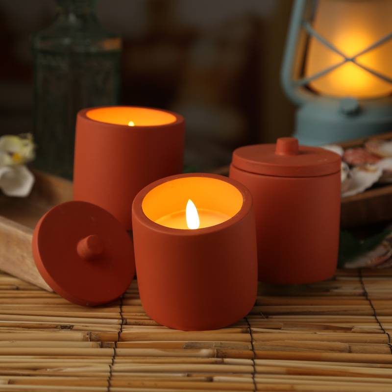 LED Kerzen im Topf - mit Deckel - Betonoptik - Timer - H: 10cm D: 8cm - terracotta - 3er Set von MARELIDA