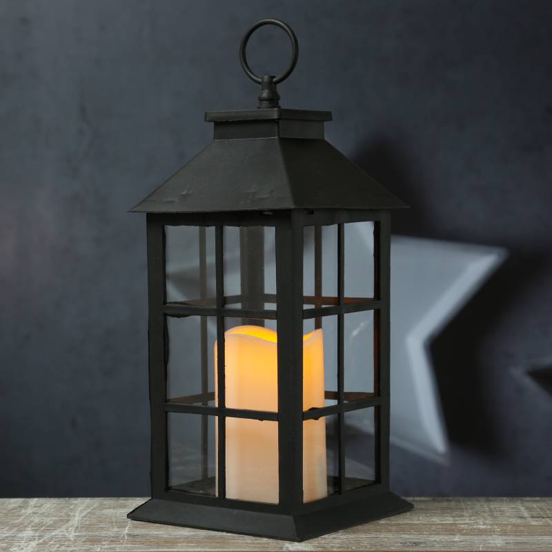 LED Laterne mit Kerze - flackernd - H: 34cm - Timer - Batteriebetrieb - schwarz von MARELIDA