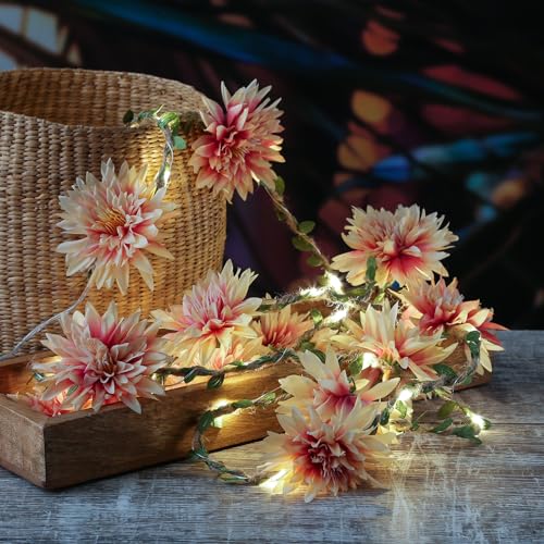 LED Lichterkette Blumen Dahlien Blumengirlande 30 warmweiße LED - Batteriebetrieb mit Timer Sommer Hochzeit Deko L: 2,9m - creme von MARELIDA