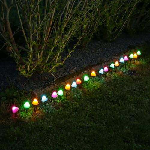LED Lichterkette Mini Pilze 20 Gartenstecker mit Erdspießen bunte Deko Pilze Gartendeko 8 Modi mit Timer L: 3,8m (Bunt) von MARELIDA