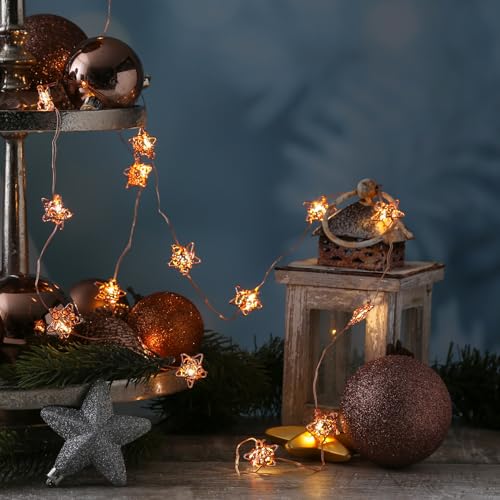 LED Lichterkette Sterne kupferfarbene Drahtsterne 20 LED Dekolichterkette Draht Weihnachtsdeko Weihnachtsbeleuchtung für Innen Batteriebetrieb und Timer (Kupfer) von MARELIDA