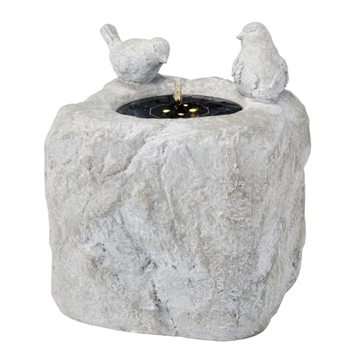 LED Solar Brunnen mit plätscherndem Wasser Gartenbrunnen mit Vögelchen und LED Beleuchtung aus GRC Beton für Außen Zierbrunnen Wassersppiel Wasserbrunnen H: 34cm grau von MARELIDA