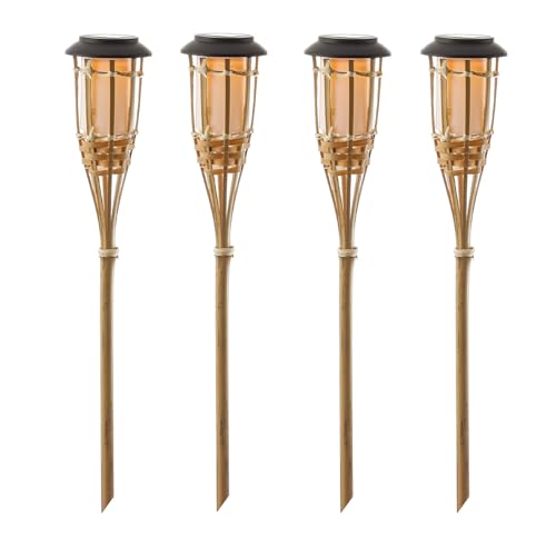LED Solar Gartenfackel Bambus Solarfackeln Bambus Fackel für Terrasse Gartenbeleuchtung H: 60cm mit Dämmerungssensor (4 Stück) von MARELIDA