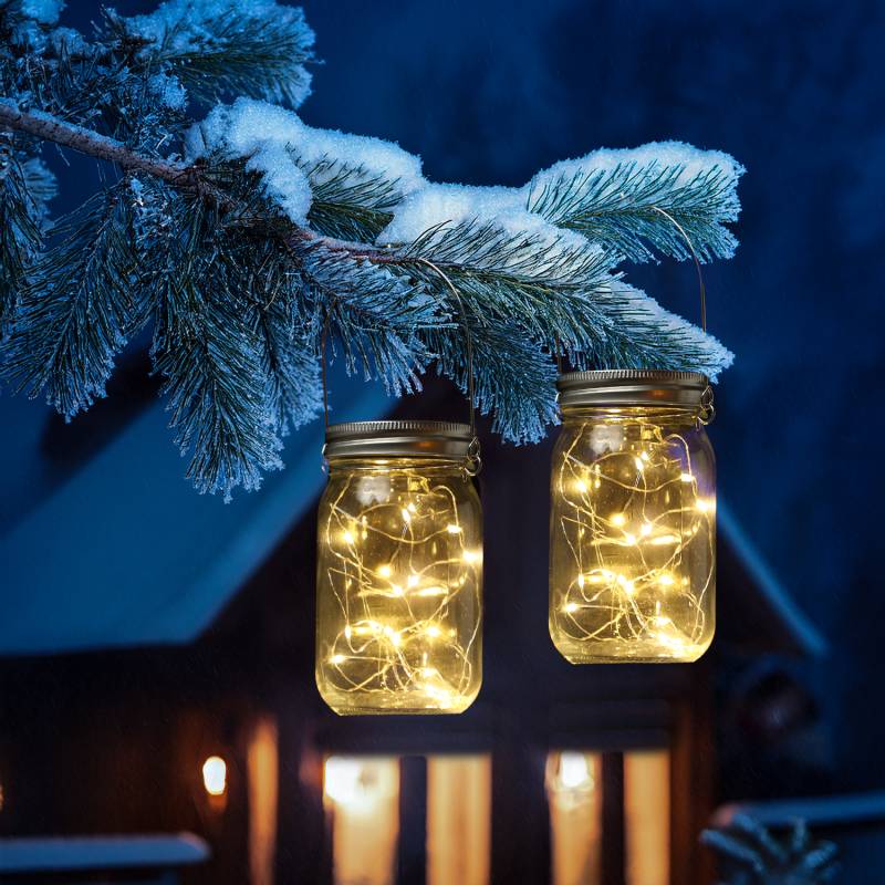 LED Solar Gläser - Windlichter mit Drahtlichterkette - Lichtsensor - H: 13cm - transparent - 2 Stück LED Solar Gläser - Windlichter mit Drahtlichterkette - Lichtsensor - H: 13cm - transparent - 2 Stück von MARELIDA