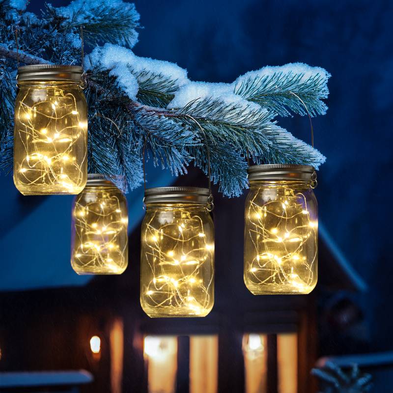 LED Solar Gläser - Windlichter mit Drahtlichterkette - Lichtsensor - H: 13cm - transparent - 4 Stück von MARELIDA