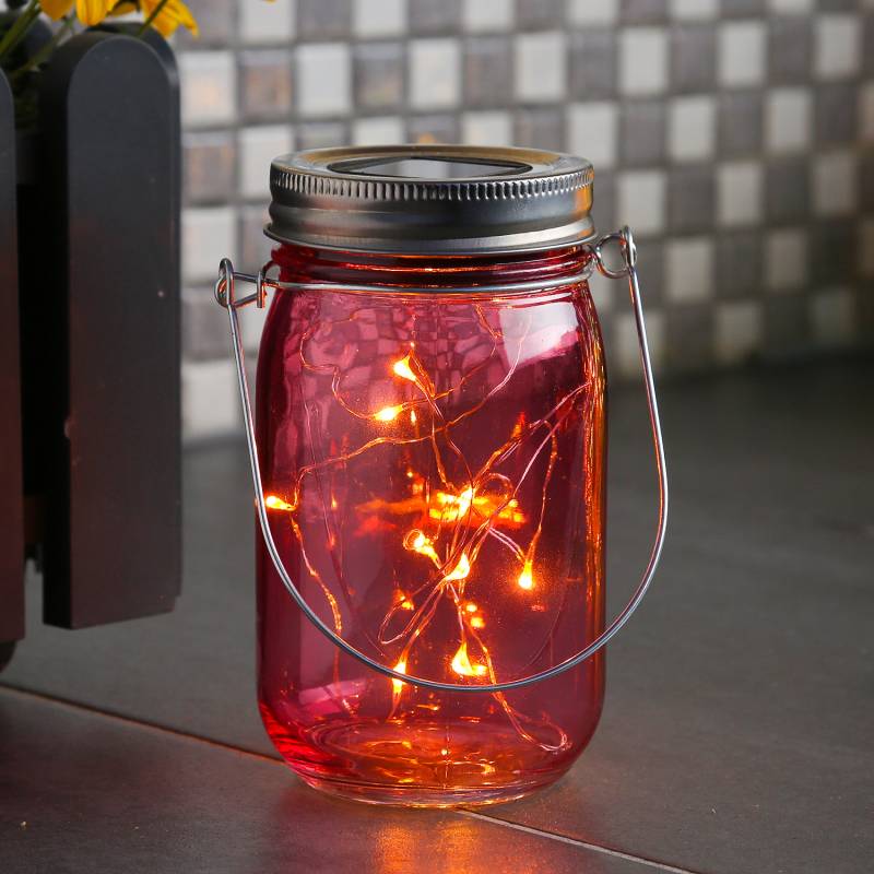 LED Solar Glas - Windlicht - mit Drahtlichterkette - Lichtsensor - H: 14cm - D: 8cm - rosa von MARELIDA