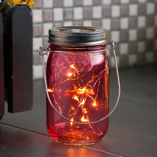 LED Solar Glas - Windlicht - mit Drahtlichterkette - Lichtsensor - H: 14cm - D: 8cm - rosa von MARELIDA