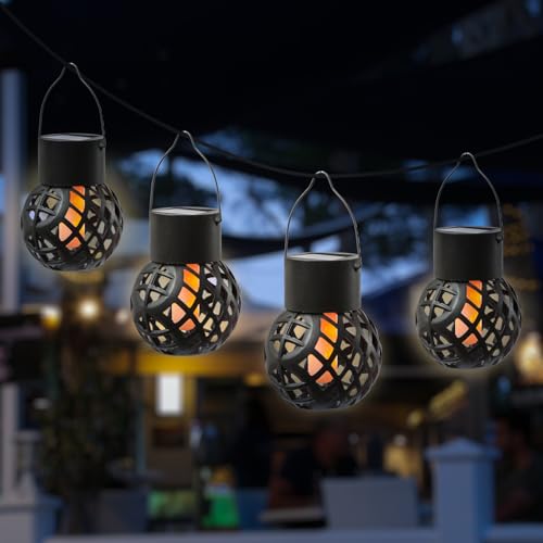 LED Solar Hängeleuchten Feuerball Kugelleuchte mit Flammeneffekt Solarleuchte Solarlampen Gartenkugel zum Aufhängen für Garten Terrasse Balkon H: 9cm mit Dämmerungssensor (4 Stück) von MARELIDA