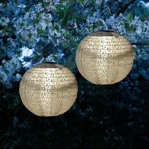 LED Solar Lampions mit Blumenmuster beige 25cm für Party Balkon Terrasse outdoor 2er Set Gartenlampion mit Sensor wetterfeste Solarlampe hängend Laterne (beige - 2 Stück (rund)) von MARELIDA