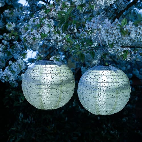 LED Solar Lampions mit Blumenmuster blau 25cm für Party Balkon Terrasse outdoor 2er Set Gartenlampion mit Sensor wetterfeste Solarlampe hängend Laterne (blau - 2 Stück (rund)) von MARELIDA