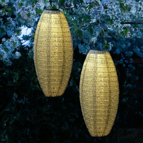LED Solar Lampions oval mit Blumenmuster beige 25cm für Party Balkon Terrasse outdoor 2er set Gartenlampions mit Sensor wetterfeste Solarlampe hängend Laterne (beige - 2 Stück (oval)) von MARELIDA
