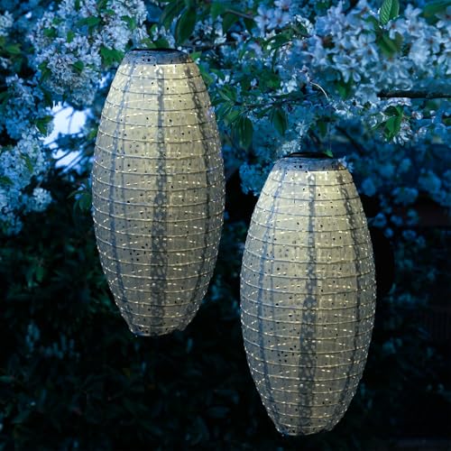LED Solar Lampions oval mit Blumenmuster blau 25cm für Party Balkon Terrasse outdoor 2er Set Gartenlampions mit Sensor wetterfeste Solarlampe hängend Laterne (blau - 2 Stück (oval)) von MARELIDA