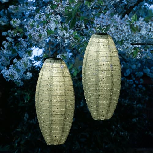 LED Solar Lampions oval mit Blumenmuster grün 25cm für Party Balkon Terrasse outdoor 2er Set Gartenlampions mit Sensor wetterfeste Solarlampe hängend Laterne (grün - 2 Stück (oval)) von MARELIDA