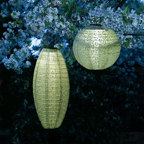 LED Solar Lampions oval und rund mit Blumenmuster grün 25cm für Party Balkon Terrasse outdoor 2er Set Gartenlampions mit Sensor wetterfeste Solarlampe hängend Laterne (grün - 2 Stück (rund, oval)) von MARELIDA