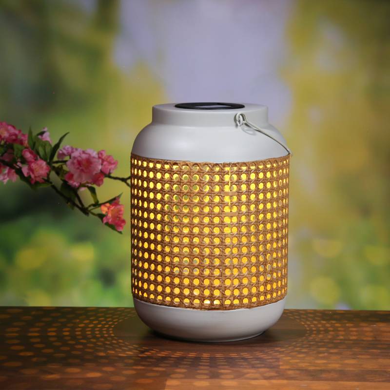LED Solar Laterne - Bambus Optik - hängend/stehend - Metall - warmweiße LED - H: 28cm - weiß, braun von MARELIDA