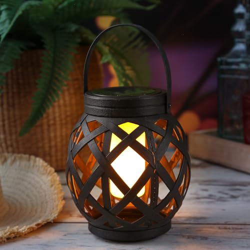 LED Solar Laterne mit Flammeneffekt outdoor Solar Windlicht Tischleuchte für Außen Garten Balkon Terrasse flackernde LED H: 16cm schwarz von MARELIDA