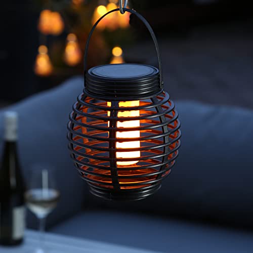 LED Solar Laterne in Korboptik mit Flammeneffekt outdoor Tischlaterne für Garten Terrasse Balkon Tischleuchte Gartenlaterne mit Lichtsensor schwarz von MARELIDA
