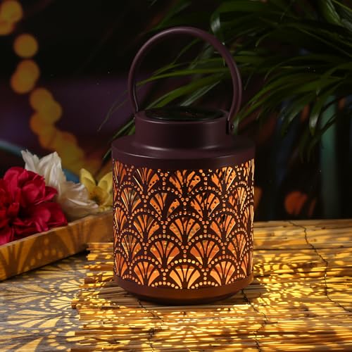 LED Solar Laterne mit Blattmuster Gingko Motiv für Außen Gartenlampe mit Fächer Muster für Terrase Balkon Schatten Laterne Solarlampe Gartenleuchte (lila) von MARELIDA