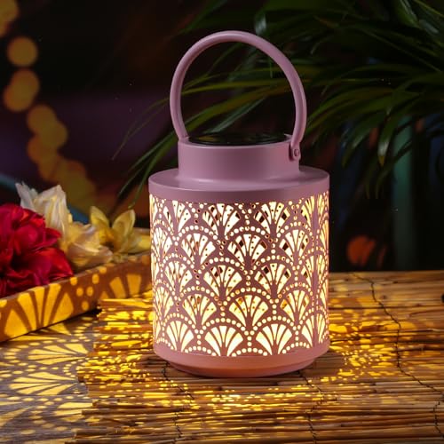 LED Solar Laterne mit Blattmuster Gingko Motiv für Außen Gartenlampe mit Fächer Muster für Terrase Balkon Schatten Laterne Solarlampe Gartenleuchte (rosa) von MARELIDA
