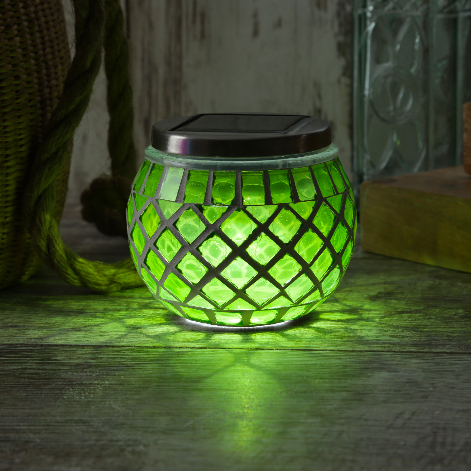LED Solar Windlicht - Mosaik Solarglas - kaltweiße LED - Lichtsensor - H: 9cm - für Außen - grün von MARELIDA