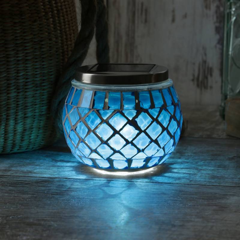 LED Solar Windlicht - Mosaik Solarglas - kaltweiße LED - Lichtsensor - H: 9cm - für Außen - blau von MARELIDA