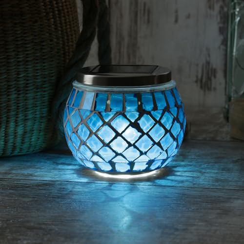 LED Solar Windlicht Mosaik Solarglas Mosaikglas Tischleuchte dekorative Solarleuchte kaltweiße LED mit Lichtsensor H: 9cm für Außen Terrasse Balkon blau von MARELIDA