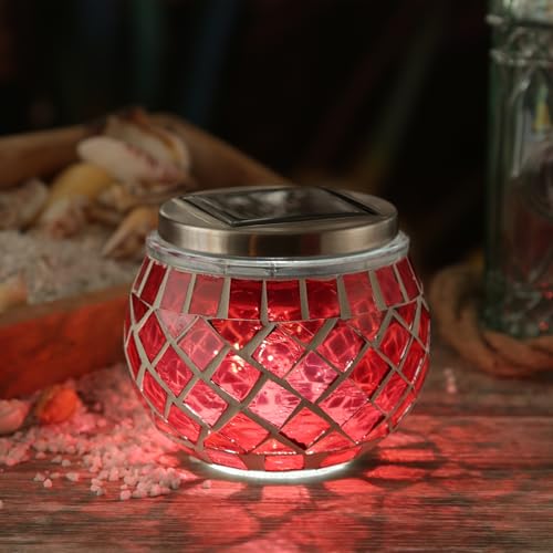 LED Solar Windlicht Mosaik Solarglas Mosaikglas Tischleuchte dekorative Solarleuchte kaltweiße LED mit Lichtsensor H: 9cm für Außen Terrasse Balkon rot LED Solar Windlicht Mosaik Solarglas Mosaikglas Tischleuchte dekorative Solarleuchte kaltweiße LED mit Lichtsensor H: 9cm für Außen Terrasse Balkon rot von MARELIDA