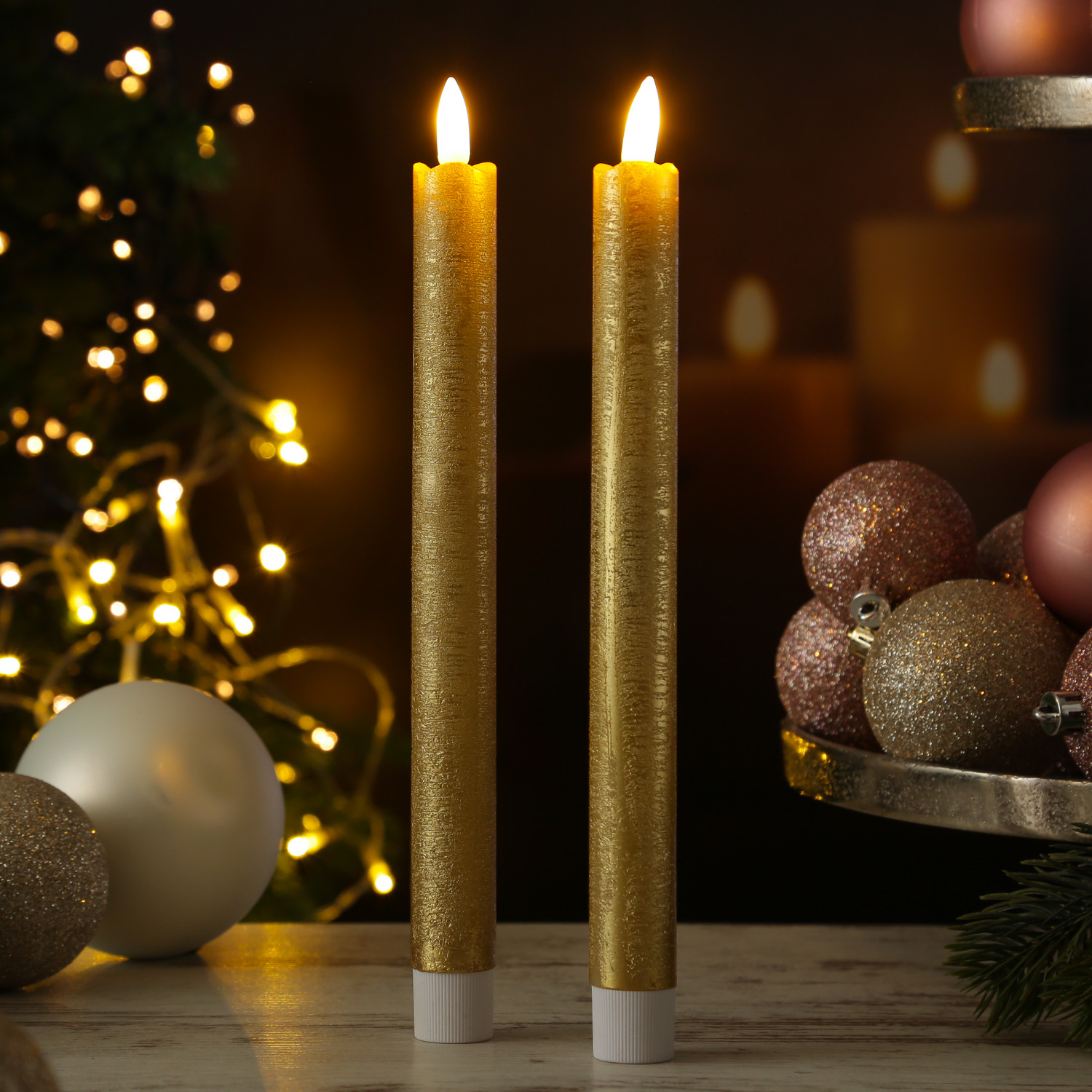 LED Stabkerzen LINA - Rustik-Optik - Echtwachs - flackernd - H: 25cm - Timer - gold - 2er Set von MARELIDA