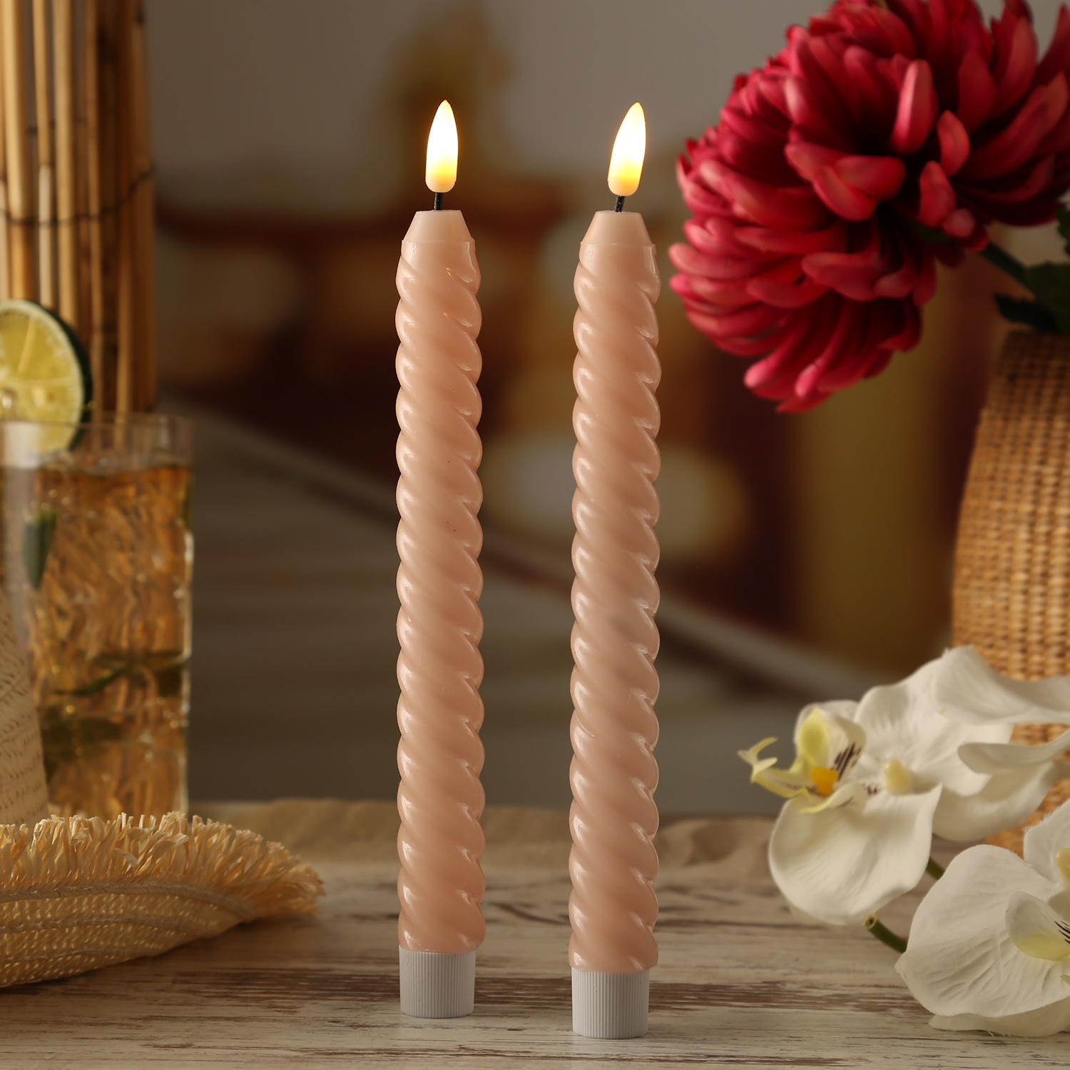 LED Stabkerzen TWIST - Echtwachs - flackernde 3D Flamme - H: 25cm - Timer - rosa - 2er Set von MARELIDA