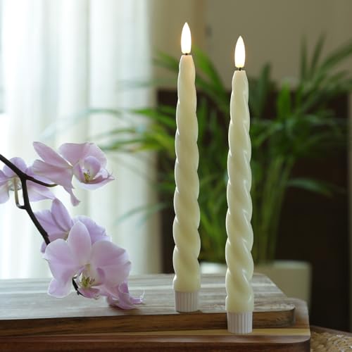 LED Stabkerzen Twist Tafelkerzen Dinnerkerzen aus Echtwachs Spitzkerzen in gedrehter Form mit flackernder 3D Flamme H: 25cm (creme) von MARELIDA