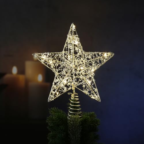 LED Weihnachtsbaumspitze Stern mit Perlen Christbaumspitze Tannenbaumspitze (Silber) von MARELIDA
