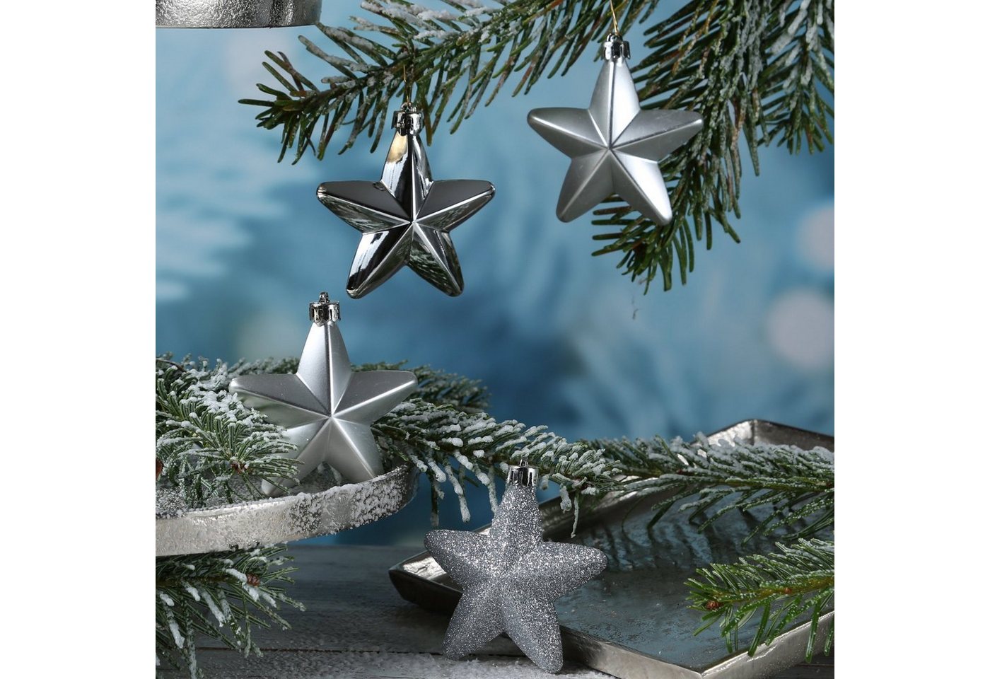 MARELIDA Christbaumschmuck Weihnachtsbaumschmuck Sterne bruchfest glänzend glitzernd silber 6St. von MARELIDA