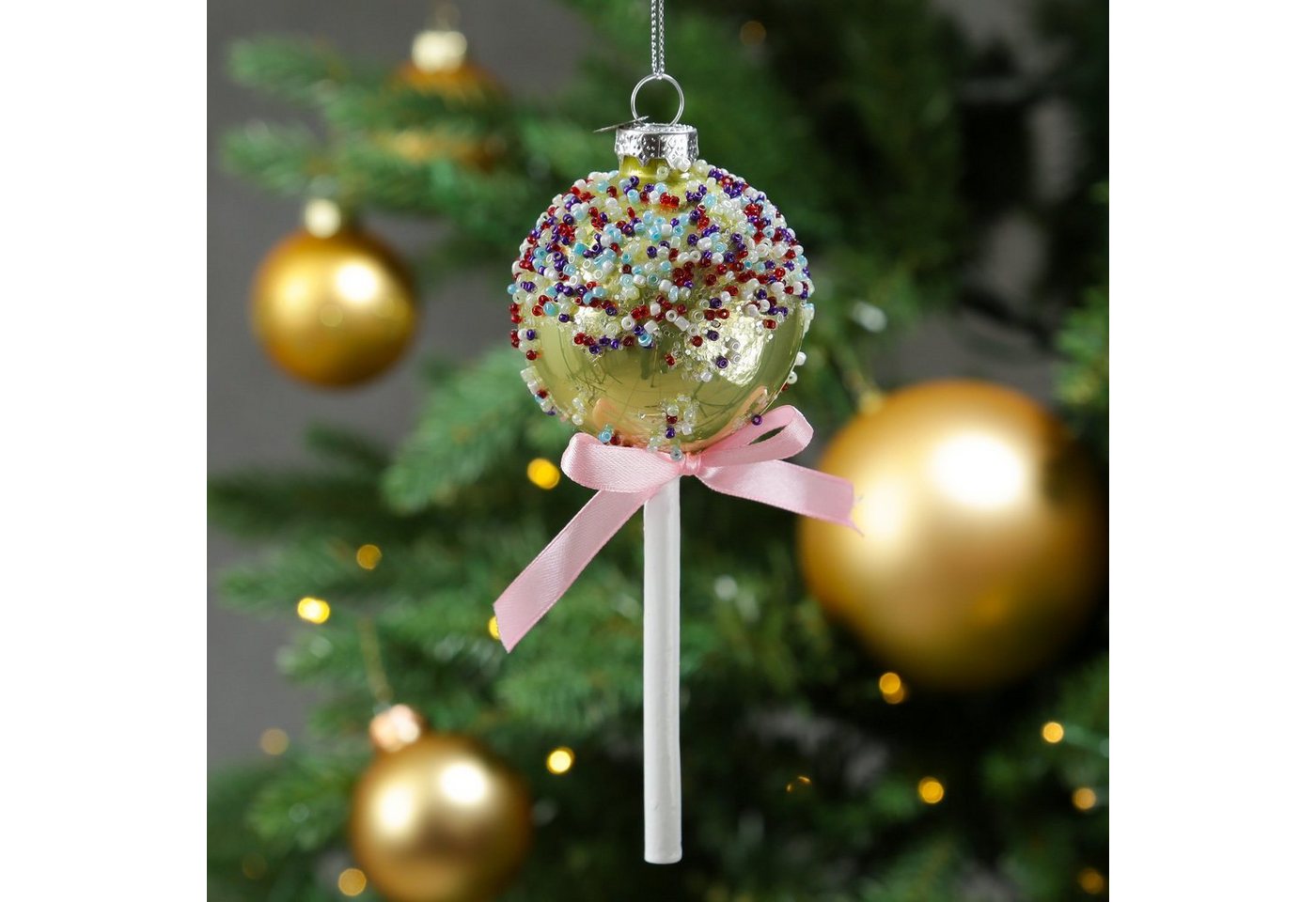 MARELIDA Christbaumschmuck Weihnachtsbaumschmuck Lolli Cake Pop mit Perlen Glas H: 16cm gold von MARELIDA