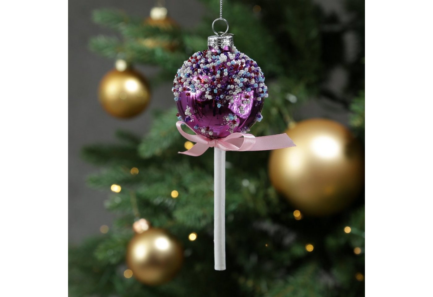 MARELIDA Christbaumschmuck Weihnachtsbaumschmuck Lolli Cake Pop mit Perlen Glas H: 16cm lila von MARELIDA