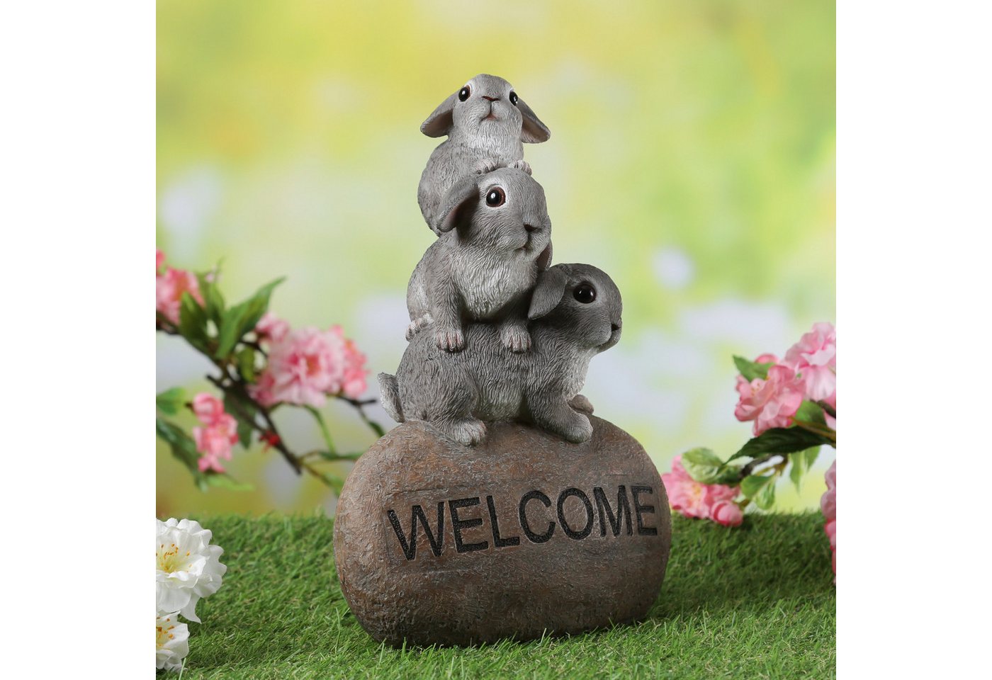MARELIDA Gartenfigur Dekofigur Welcome 3 Hasen auf Stein Frühling Ostern Eingangsdeko von MARELIDA