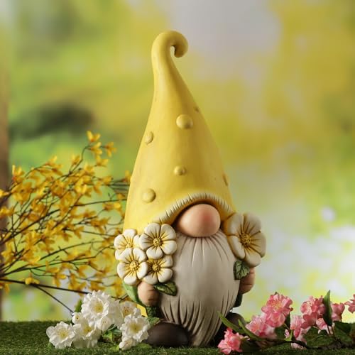 Gartenzwerg Zwerg mit Blumen und Zipfelmütze Gartenfdeko GNOME Gartenfigur Polyresin H: 45cm (BERT Zwerg mit gelber Zipfelmütze und Blumen) von MARELIDA