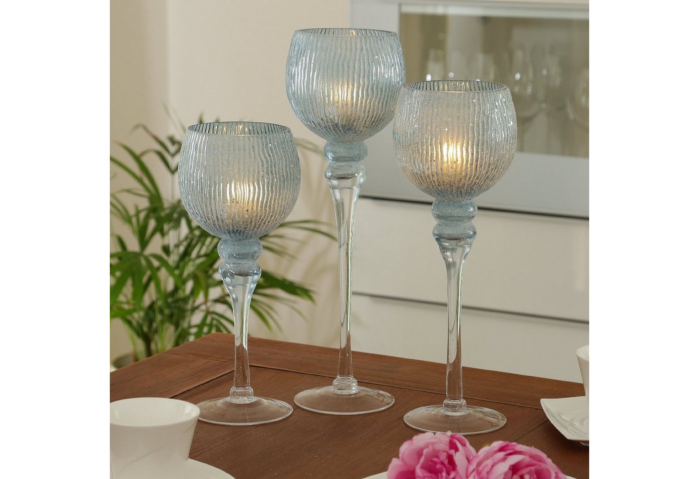 MARELIDA Kerzenhalter Kelch Glas Windlicht Teelichthalter 3 Höhen glitzernd blau 3er Set (3 St) von MARELIDA