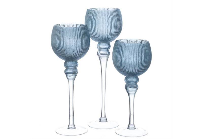 MARELIDA Kerzenhalter Kelch Glas Windlicht Teelichthalter 3 Höhen glitzernd blau 3er Set (3 St) von MARELIDA
