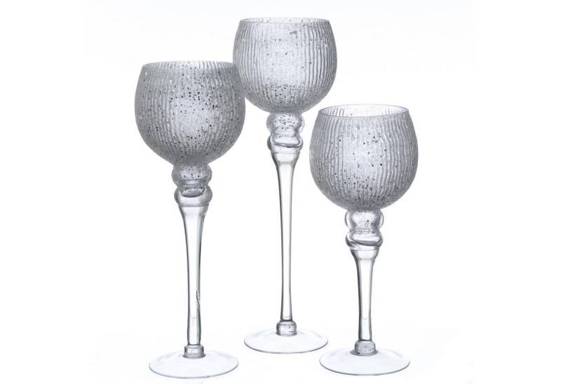 MARELIDA Kerzenhalter Kelch Glas Windlicht Teelichthalter 3 Höhen glitzernd weiß 3er Set (3 St) von MARELIDA