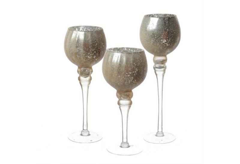 MARELIDA Kerzenhalter Kelch Glas Windlicht Teelichthalter glitzernd 3 Höhen gold 3er Set (3 St) von MARELIDA