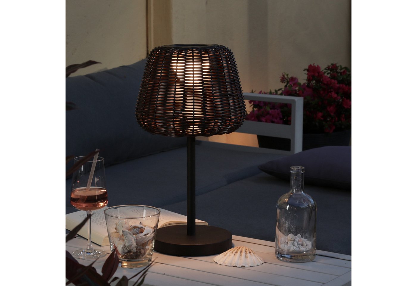 MARELIDA LED Außen-Tischleuchte LED Garten Tischlampe Korboptik Rattanoptik dimmbar aufladbar Fernb., LED Classic, warmweiß (2100K bis 3000K) von MARELIDA