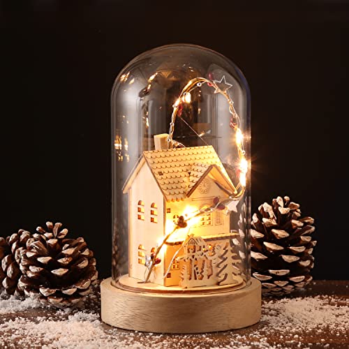 MARELIDA LED Deko Glaskuppel Holzhaus von MARELIDA