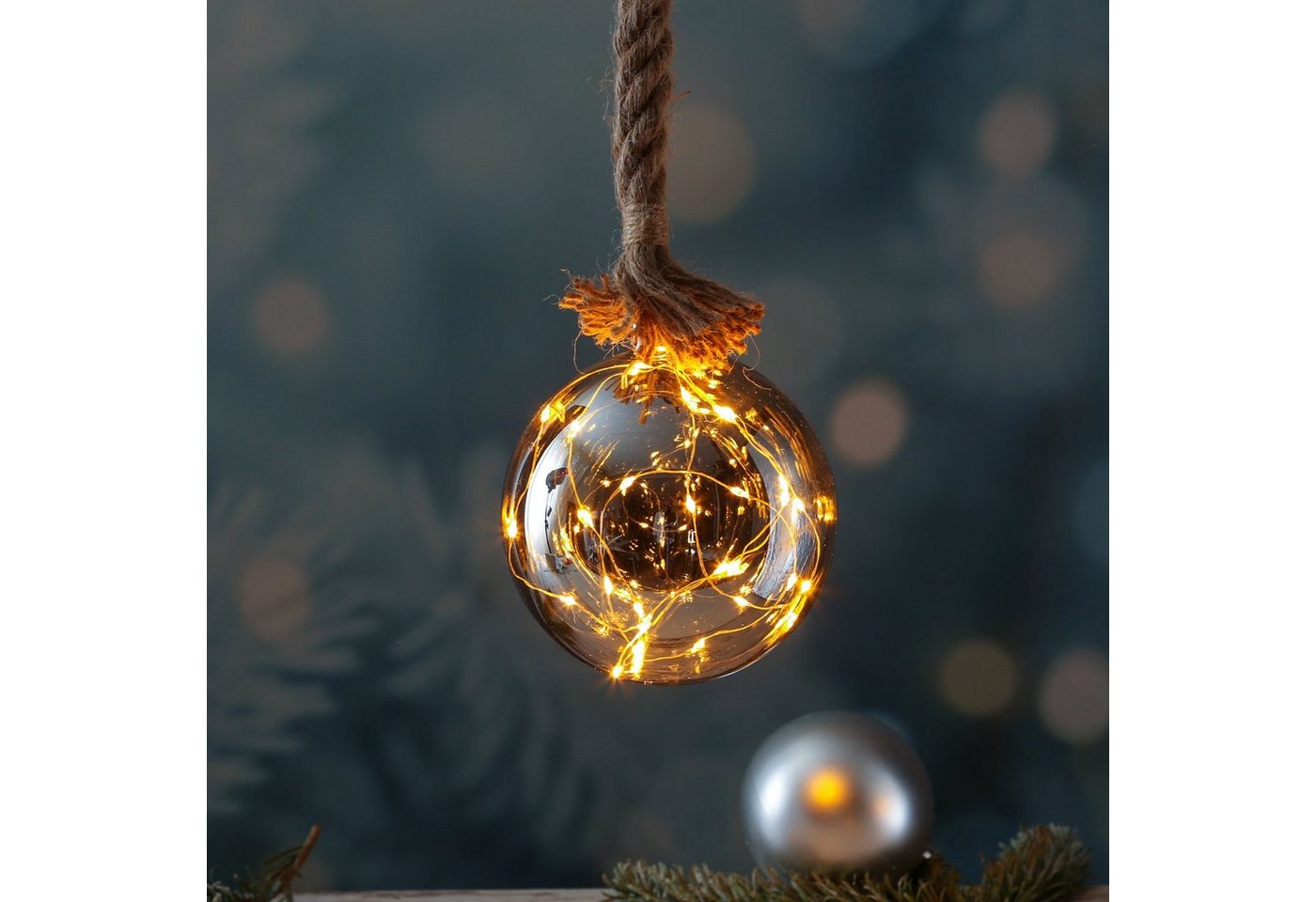 MARELIDA LED Dekolicht LED Glaskugel Deko Kugel Juteseil beleuchtet Timer Rauchglas D: 14cm, LED Classic, ultra-warmweiß / bernstein (1800K bis 2100K) von MARELIDA