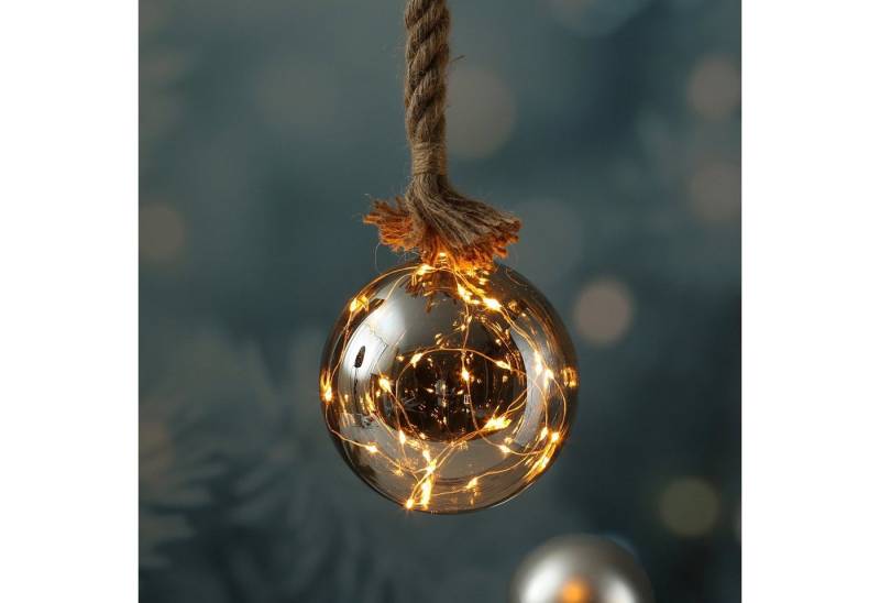 MARELIDA LED Dekolicht LED Glaskugel Deko Kugel Juteseil beleuchtet Timer Rauchglas D: 20cm, LED Classic, ultra-warmweiß / bernstein (1800K bis 2100K) von MARELIDA