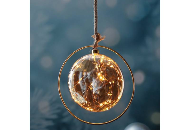 MARELIDA LED Dekolicht LED Glaskugel im Ring Deko Kugel Juteseil LED Kreis Timer D:26cm gold, LED Classic, ultra-warmweiß / bernstein (1800K bis 2100K) von MARELIDA