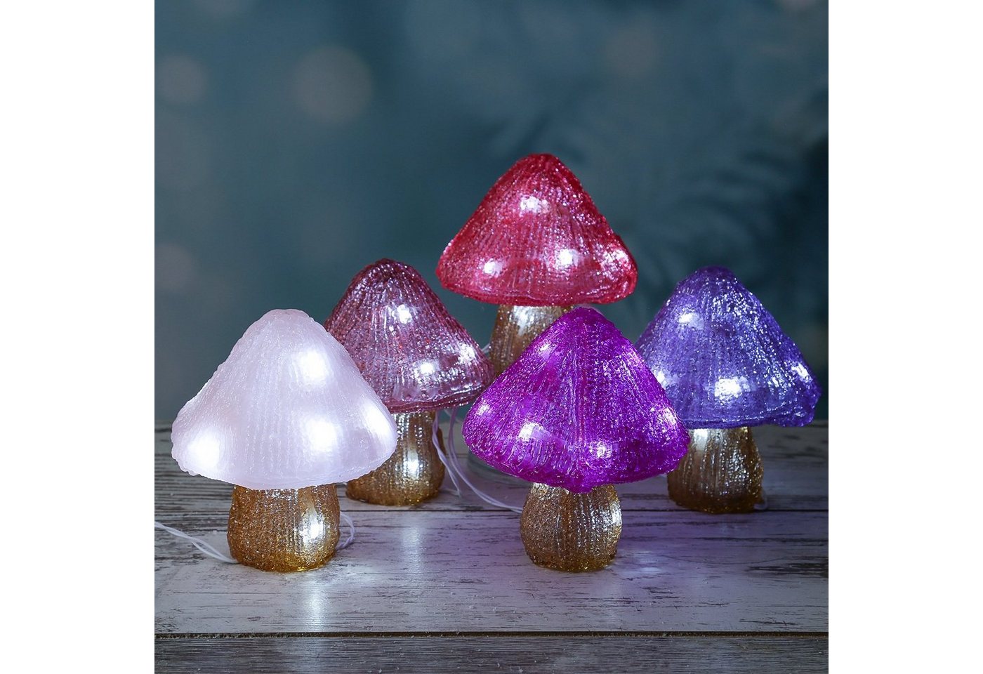MARELIDA LED Dekoobjekt LED Pilze Acrylfigur 5 Pilze an Lichterkette Gartendekoration H: 15cm, LED Classic, kaltweiss (5300K bis 6000K) von MARELIDA