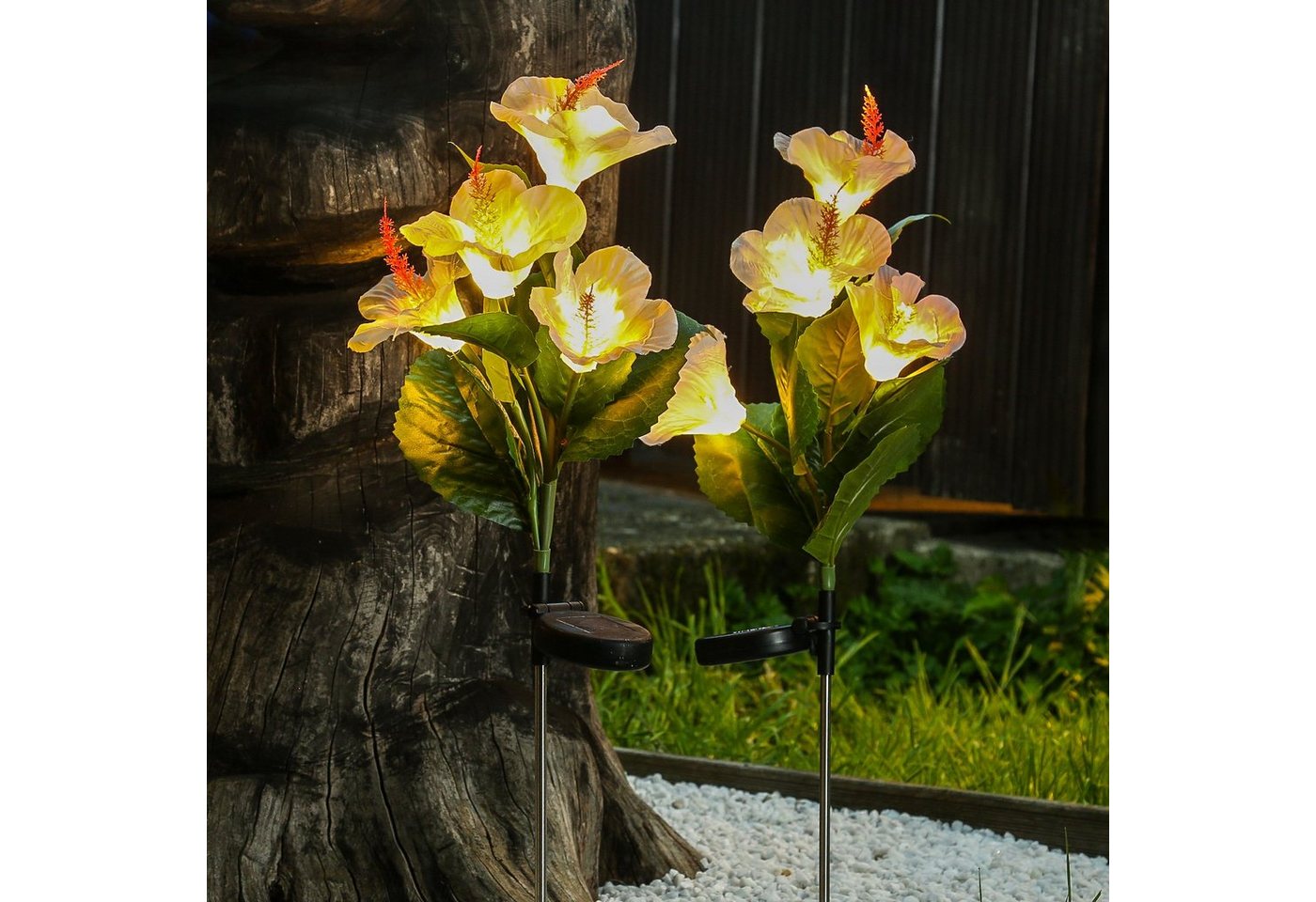 MARELIDA LED Dekoobjekt LED Solar Blume HIBISKUS Gartenstecker Lichtsensor weiß 2er Set Garten, LED Classic, warmweiß (2100K bis 3000K) von MARELIDA