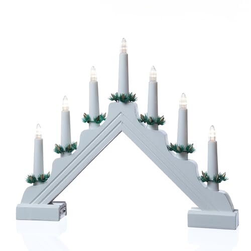 MARELIDA LED Fensterleuchter EMMA Schwibbogen mit 7 LED Kerzen Lichterbogen L: 39cm Werihnachtsbeleuchtung Adventsleuchter Batteriebetrieb Timer weiß von MARELIDA