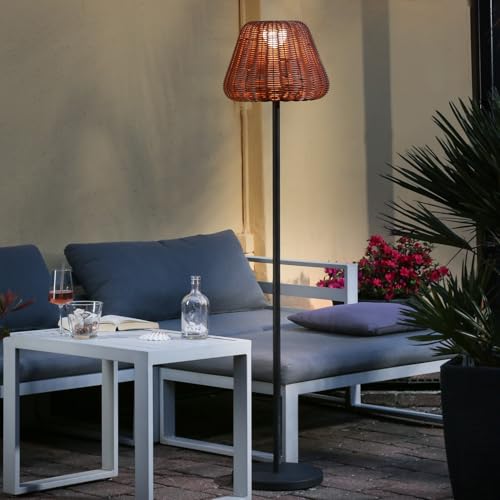 MARELIDA LED Garten Stehlampe in Korboptik Outdoor Akku Stehleuchte in Rattanoptik für Garten Terrasse Balkon Außen kabellos dimmbar aufladbar per USB (Stehlampe - hellbraun) von MARELIDA